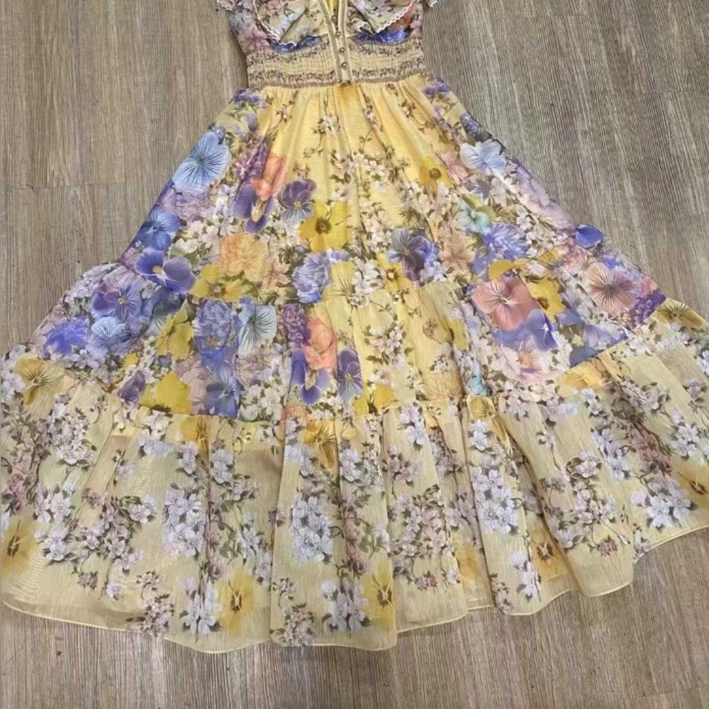 Zimmermann Yellow Floral Maxi Dress with Purple & Pink Blooms